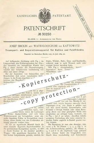 original Patent - Josef Simon auf Waterloogrube / Kattowitz , 1884 , Transport u. Separation von Kohlen , Feldfrüchte !!