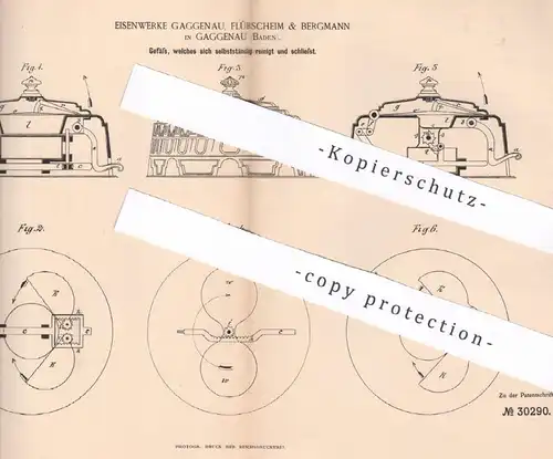 original Patent - Eisenwerke , Flürscheim & Bergmann , Gaggenau / Baden  1884 , selbst reinigendes Gefäß | Topf , Schale