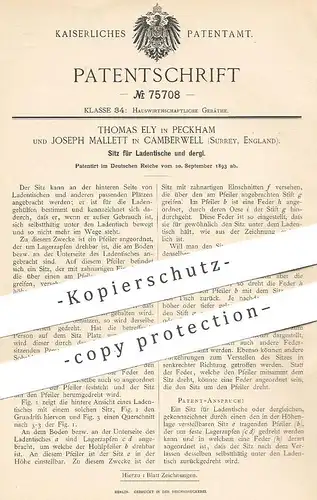 original Patent - Thomas Ely , Peckham , Joseph Mallett , Camberwell , Surrey , England , 1893 , Sitz für Ladentisch !!