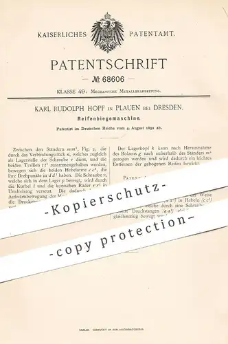 original Patent - Karl Rudolph Hopf , Plauen / Dresden , 1892 , Reifenbiegemaschine | Reifen - Biegemaschine | Metall !!