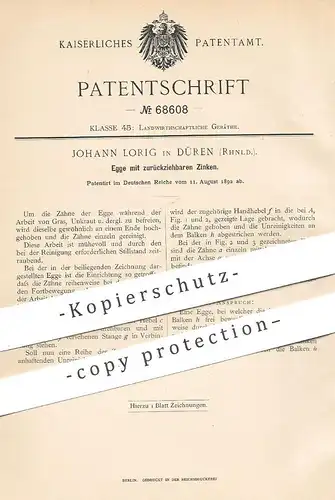 original Patent - Johann Lorig , Düren , 1892 , Egge mit zurückziehbaren Zinken | Eggen , Landwirtschaft , Gärtner !!