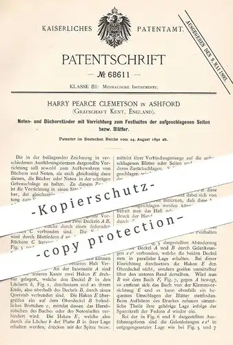 original Patent - Harry Pearce Clemetson , Ashford , Kent , England , 1892 , Notenständer | Ständer für Bücher | Pult !!
