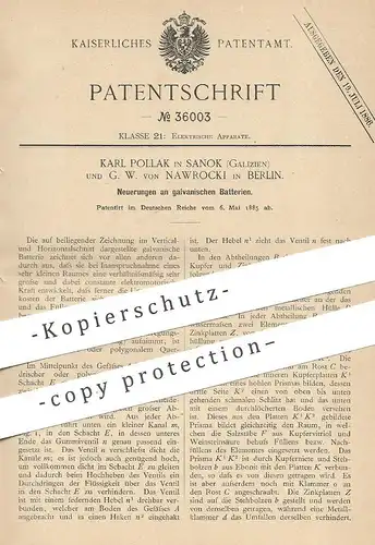 original Patent - Karl Pollak , Sanok , Galizien | G. W. von Nawrocki , Berlin , 1885 , galvanische Batterien | Batterie