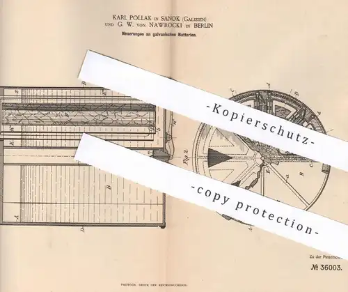 original Patent - Karl Pollak , Sanok , Galizien | G. W. von Nawrocki , Berlin , 1885 , galvanische Batterien | Batterie