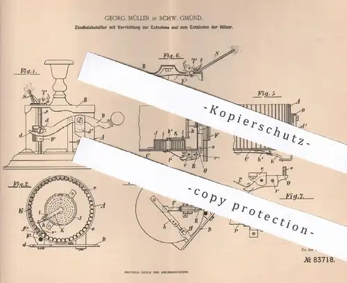 original Patent - Georg Müller , Schwäbisch Gmünd , 1895 , Zündholzbehälter | Behälter für Zündhölzer , Streichhölzer