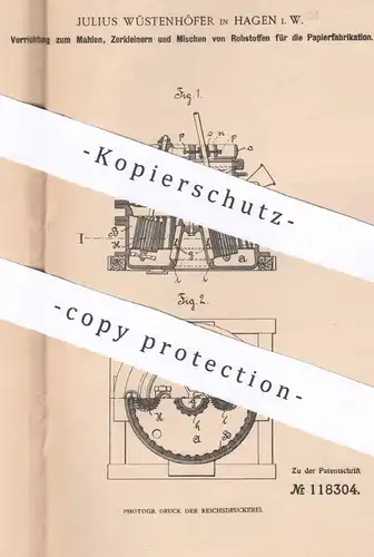 original Patent -  Julius Wüstenhöfer , Hagen , 1898 , Mischen von Rohstoffe zur Papierfabrikation | Papier , Cellulose