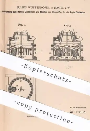 original Patent -  Julius Wüstenhöfer , Hagen , 1898 , Mischen von Rohstoffe zur Papierfabrikation | Papier , Cellulose