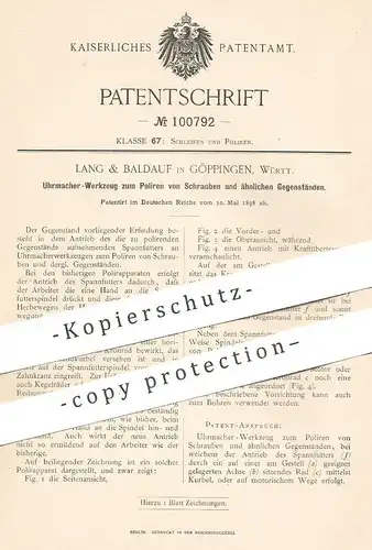 original Patent - Lang & Baldauf , Göppingen / Württ. , 1898 , Uhrmacher - Werkzeug | Uhr , Uhren , Uhrwerk , Polieren !