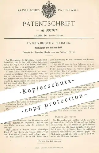 original Patent - Eduard Becker , Solingen , 1898 , Korkzieher mit hohlem Griff | Korkenzieher | Kork , Korken , Flasche