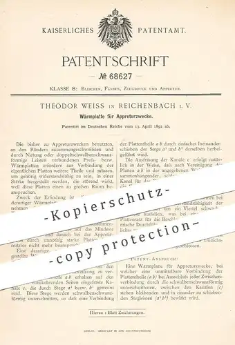 original Patent - Theodor Weiss , Reichenbach i. V. , 1892 , Wärmplatte für Appreturzwecke | Appretur