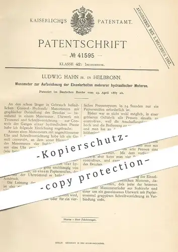 original Patent - Ludwig Hahn , Heilbronn , 1887 , Manometer für hydraulische Motoren | Motor , Hydraulik !!!