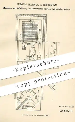 original Patent - Ludwig Hahn , Heilbronn , 1887 , Manometer für hydraulische Motoren | Motor , Hydraulik !!!