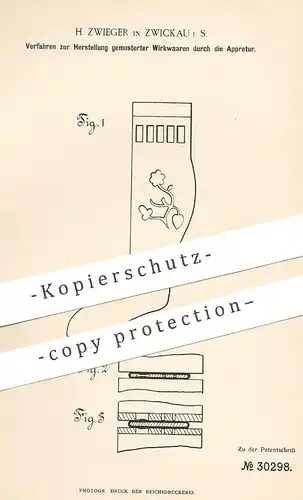 original Patent - H. Zwieger , Zwickau , 1884 , gemusterte Wirkwaren durch die Appretur | Gewebe , Stoff , Walzen !!