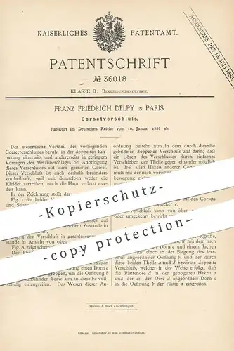 original Patent - Franz Friedrich Delpy , Paris , Frankreich , 1886 , Korsettverschluss | Corset , Korsett , Schneider !