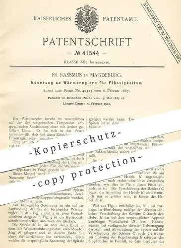 original Patent - Fr. Rassmus , Magdeburg , 1887 , Wärmeregler für Flüssigkeiten | Wärme , Temperatur !!!