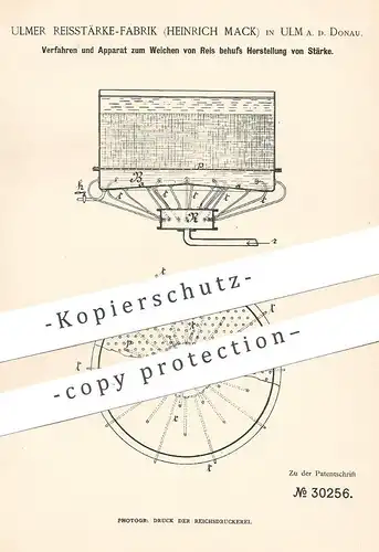 original Patent - Ulmer Reisstärke Fabrik , Heinrich Mack , Ulm / Donau  1884 , Weichen von Reis durch Herst. von Stärke