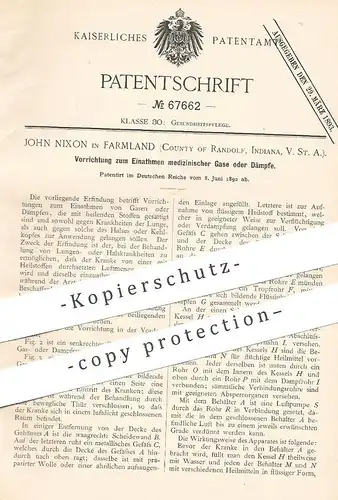 original Patent - John Nixon , Farmland , Randolf , Indiana , USA , 1892 , Einatmen medizinischer Gase o. Dämpfe | Arzt