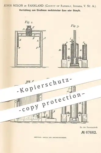 original Patent - John Nixon , Farmland , Randolf , Indiana , USA , 1892 , Einatmen medizinischer Gase o. Dämpfe | Arzt