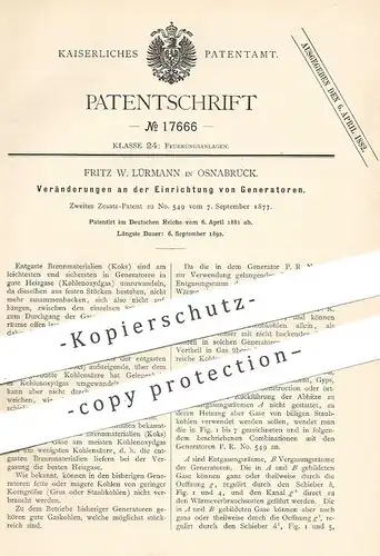 original Patent - Fritz W. Lürmann , Osnabrück , 1881 , Einrichtung von Generatoren | Generator , Feuerung , Koks , Gas