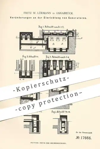 original Patent - Fritz W. Lürmann , Osnabrück , 1881 , Einrichtung von Generatoren | Generator , Feuerung , Koks , Gas