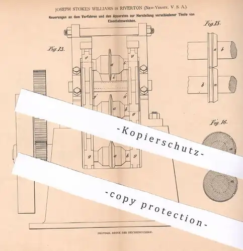 original Patent - Joseph Stokes Williams , Riverton , New Jersey , USA , 1879 , Eisenbahnweiche | Eisenbahn - Weichen !!