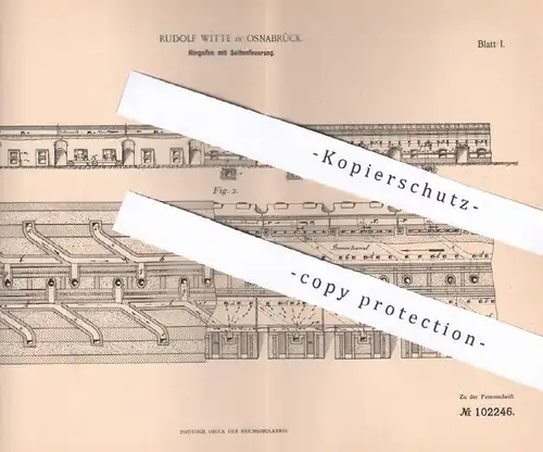 original Patent - Rudolf Witte , Osnabrück , 1898 , Ringofen mit Seitenfeuerung | Ofen , Öfen , Ofenbauer , Feuerung !!