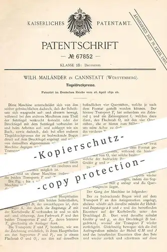 original Patent - Wilh. Mailänder , Stuttgart / Cannstatt , 1892 , Tiegeldruckpresse | Druckpresse | Druck , Presse !!