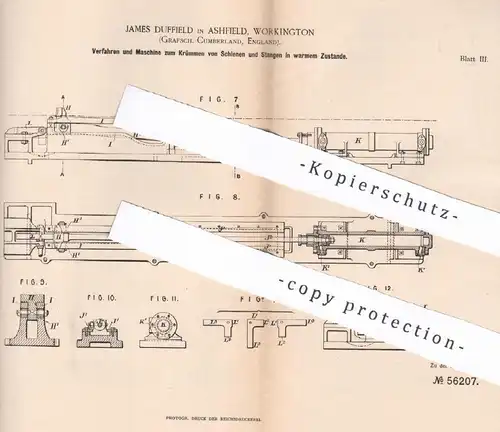 original Patent - James Duffield , Ashfield , Workington Cumberland England 1890 | Krümmen von Schienen , Stangen , Rohr