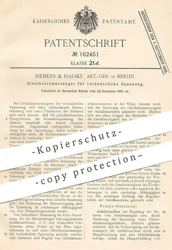 original Patent - Siemens & Halske AG , Berlin 1902 , Gleichstromerzeuger für veränderliche Spannung | Strom , Elektrik