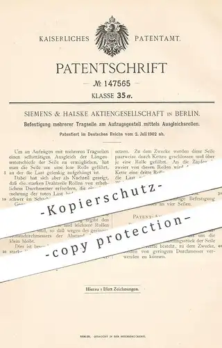 original Patent - Siemens & Halske AG , Berlin , 1902 , Tragseile am Aufzug | Fahrstuhl , Hebezeug , Seilzug !!!