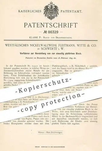 original Patent - Westfälisches Nickelwalzwerk Fleitmann, Witte & Co. Schwerte , 1895 , einseitiges plattiertes Blech !!