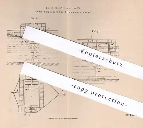 original Patent - Emile Besançon , Paris , Frankreich 1899 , Schwimmgestell für Stromwasserrad | Wasserrad , Wasserkraft