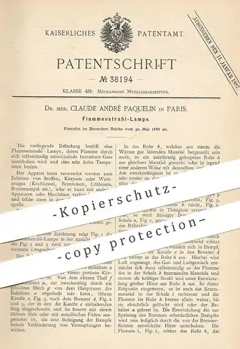 original Patent - Dr. med. Claude André Paquelin , Paris , Frankreich 1886 , Flammenstrahl Lampe | Brenner , Gasbrenner