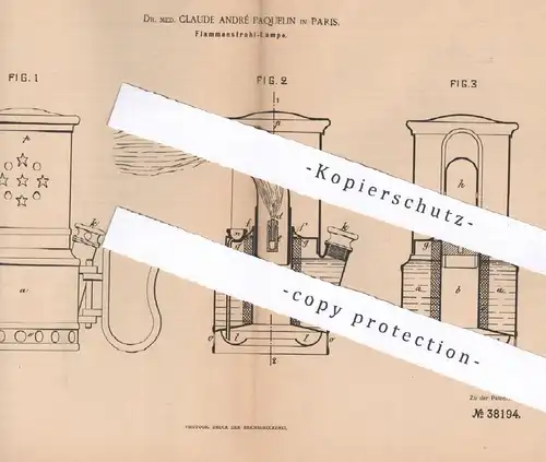 original Patent - Dr. med. Claude André Paquelin , Paris , Frankreich 1886 , Flammenstrahl Lampe | Brenner , Gasbrenner