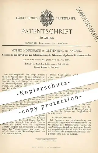 original Patent - Moritz Honigmann , Grevenberg / Aachen , 1886 , Nutzung der Wärme von Maschinendampf | Dampfkessel !!