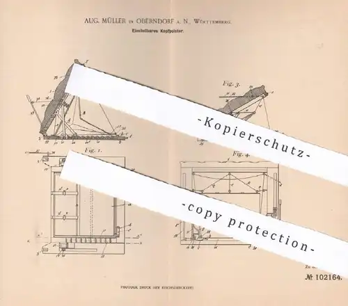 original Patent - Aug. Müller , Oberndorf a. N. , 1898 , Einstellbares Kopfpolster | Sofa , Couch , Liege , Bett | Möbel