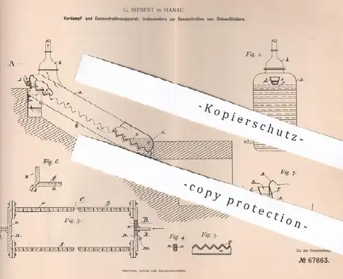 original Patent - G. Siebert , Hanau , 1892 , Verdampfer zur Konzentration von Schwefelsäure | Säure , Chemie !!