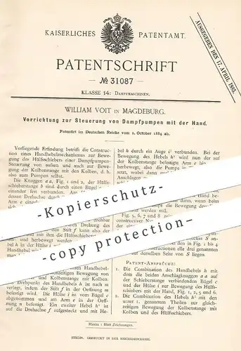 original Patent - William Voit , Magdeburg , 1884 , Steuerung von Dampfpumpen per Hand | Dampfmaschine , Pumpe !!