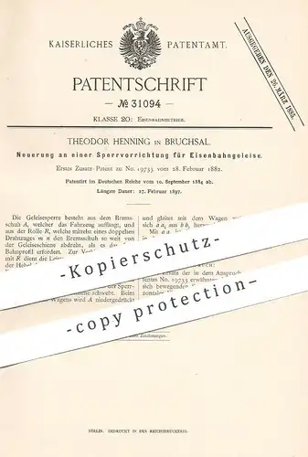 original Patent - Theodor Henning , Bruchsal 1884 , Sperrvorrichtung für Eisenbahngleise | Eisenbahn , Gleis , Stellwerk