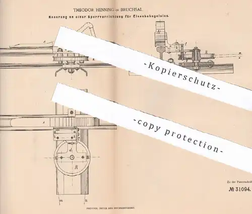 original Patent - Theodor Henning , Bruchsal 1884 , Sperrvorrichtung für Eisenbahngleise | Eisenbahn , Gleis , Stellwerk