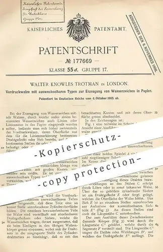 original Patent - Walter Knowles Trotman , London , England , 1905 , Vordruckwalze für Wasserzeichen in Papier | Druck !