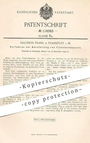 original Patent - Salomon Frank , Frankfurt / Main , 1899 , Herstellung von Flaschenkapseln | Flaschen - Verschluss !!