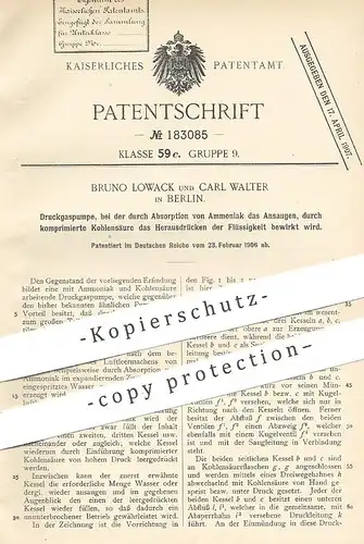 original Patent - Bruno Lowack , Carl Walter , Berlin , 1906 , Druckgaspumpe | Druck - Gaspumpe | Ammoniak !!