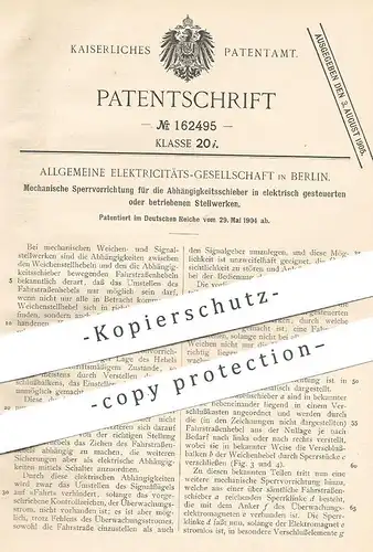 original Patent - Allgemeine Elektrizitäts-Gesellschaft , Berlin , 1904 , Mechanische Sperre am elektr. Stellwerk !!!