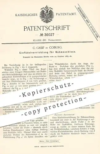 original Patent - C. Greif , Coburg , 1885 , Einfädelvorrichtung für Nähmaschinen | Nähmaschine | Nähen , Schneider !!