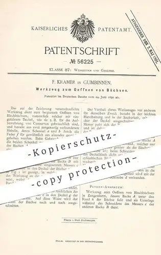 original Patent - F. Kramer , Gumbinnen , 1890 , Werkzeug zum Öffnen von Büchsen | Dosenöffner , Blech , Dose , Büchse