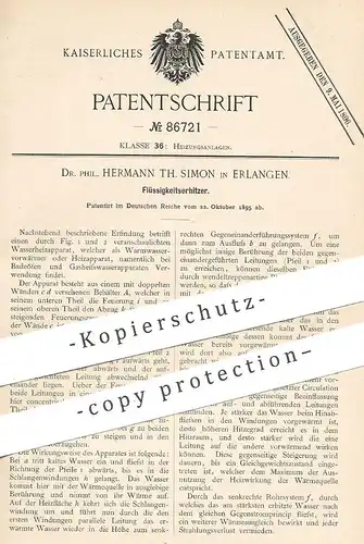 original Patent - Dr. Phil. Hermann Th. Simon , Erlangen , 1895 , Flüssigkeitserhitzer | Badeofen , Heizung , Gas !!!
