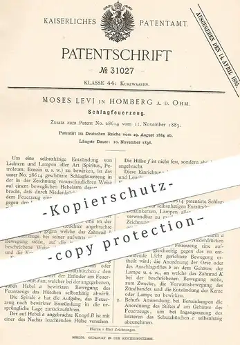 original Patent - Moses Levi , Homberg a. d. Ohm , 1884 , Schlagfeuerzeug | Feuerzeug | Zünder , Petroleum , Spiritus !