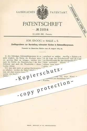original Patent - Joh. Kroog , Halle / Saale , 1884 , Rahmen an Filterpressen | Presse , Pressen !!