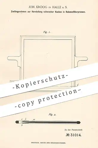 original Patent - Joh. Kroog , Halle / Saale , 1884 , Rahmen an Filterpressen | Presse , Pressen !!